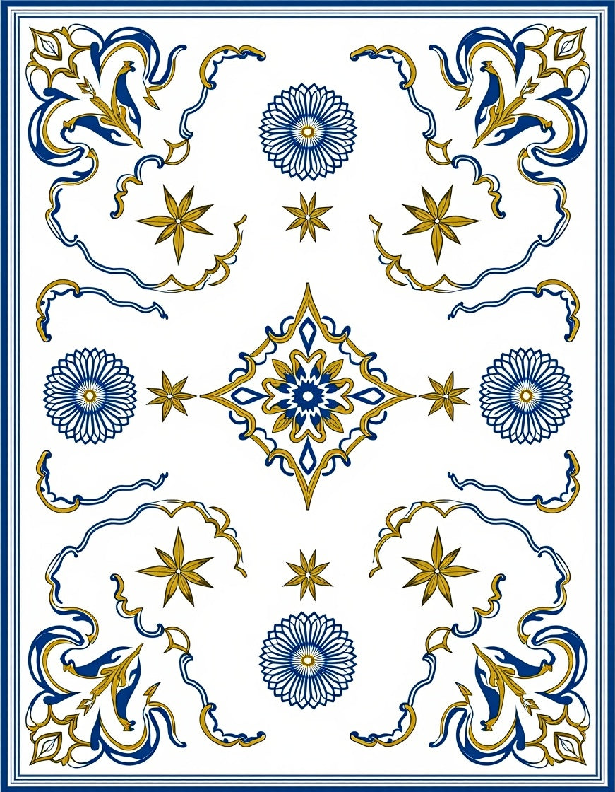 Ornate Blue Gold Floral Pattern Rug