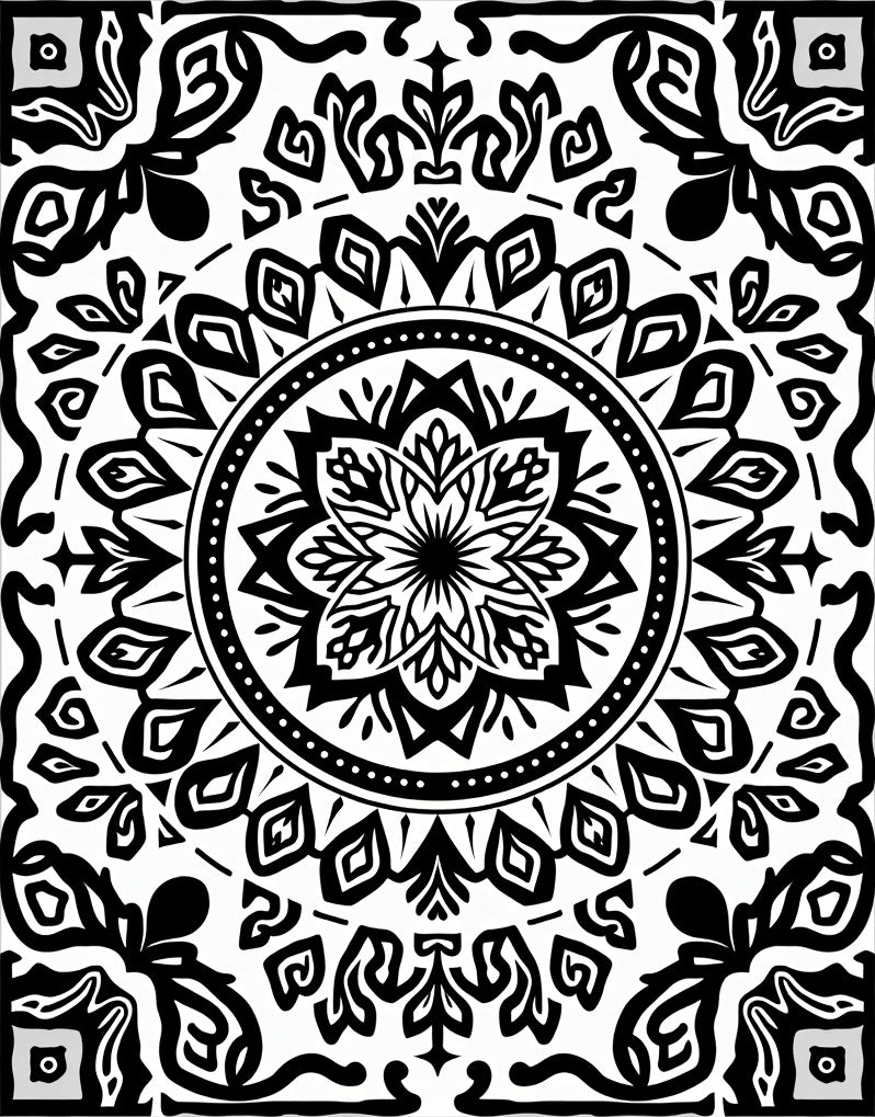 Graphic Mandala Flower Black White Rug