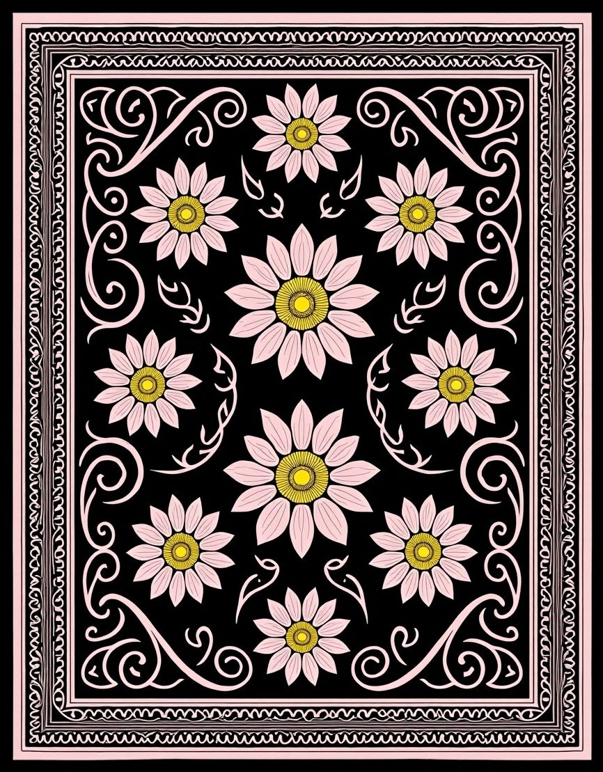 Pink Daisy Floral Scroll Design Rug