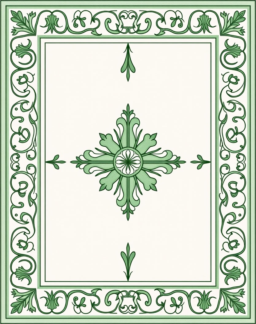 Ornate Green Floral Border Design Rug