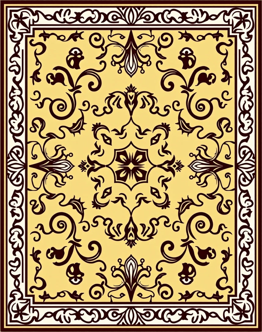 Elegant Yellow Floral Scroll Pattern Rug