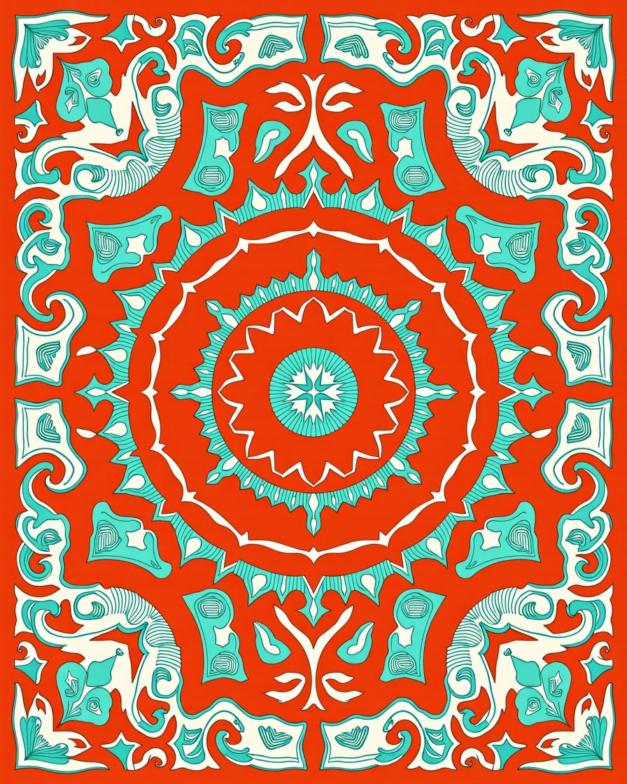 Ornate Teal White Mandala Design Rug