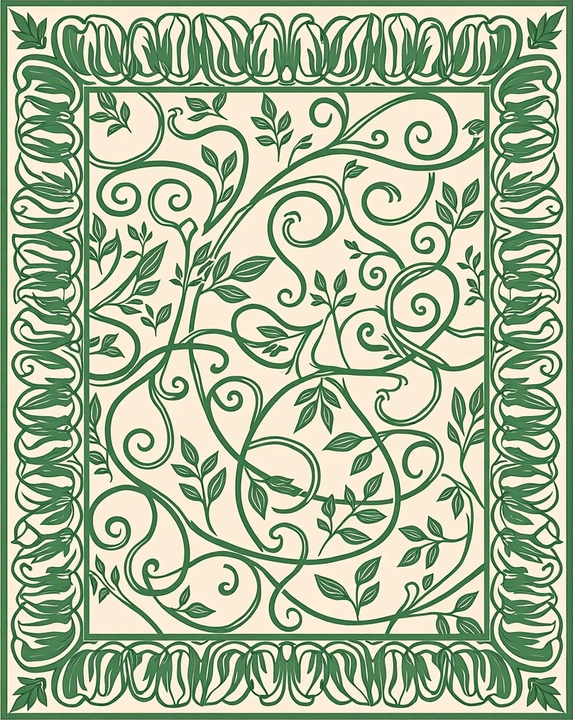 Elegant Green Vine Scrollwork Pattern Rug