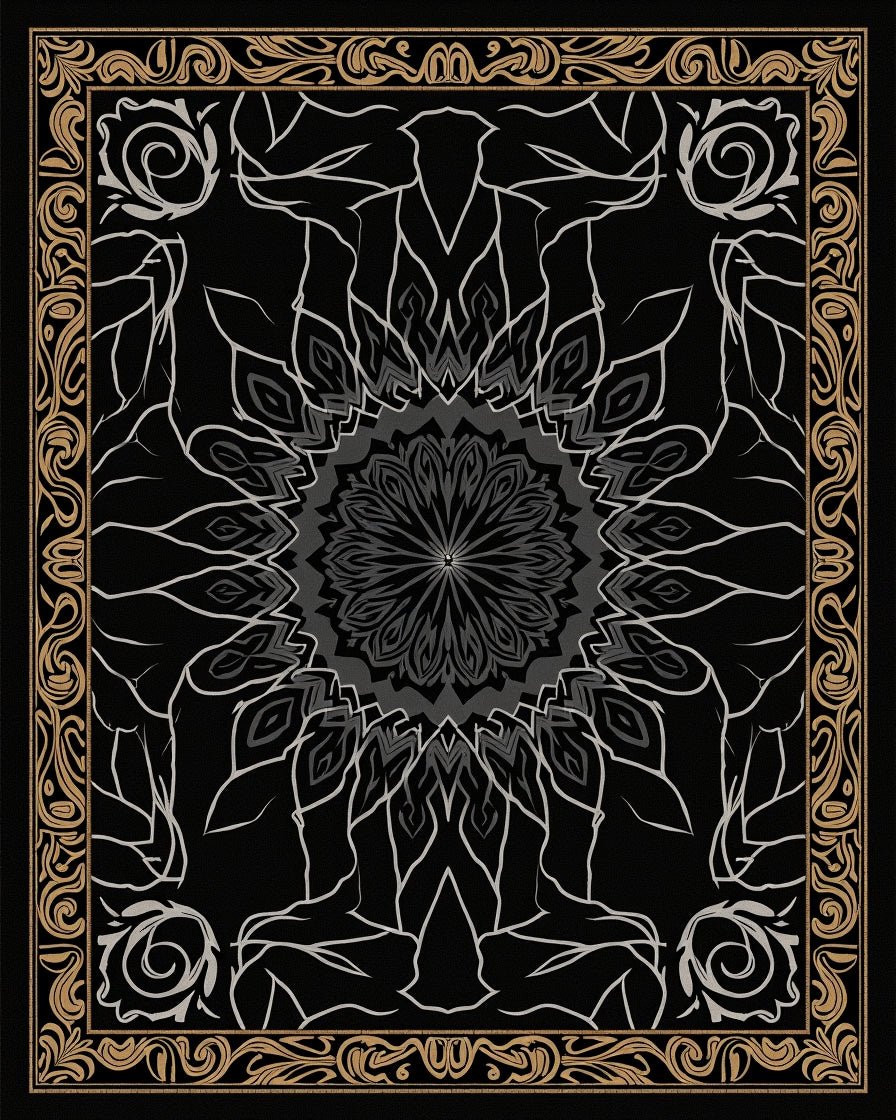 Elegant Floral Mandala Black Rug