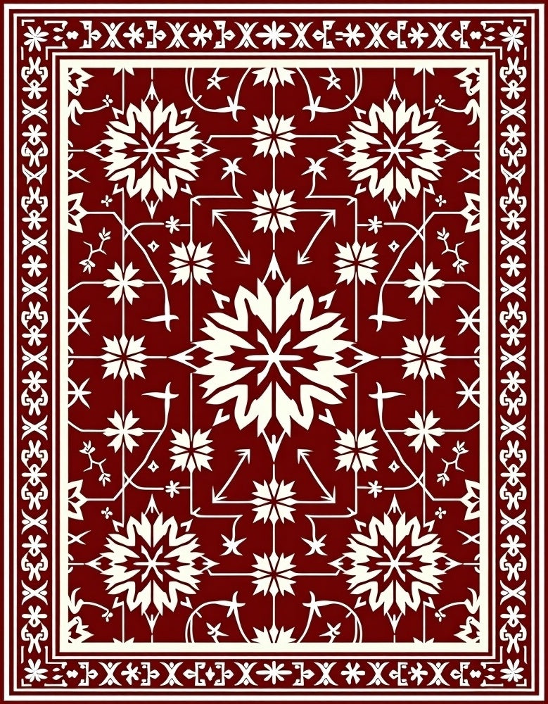 Deep Red Floral Starburst Pattern Rug