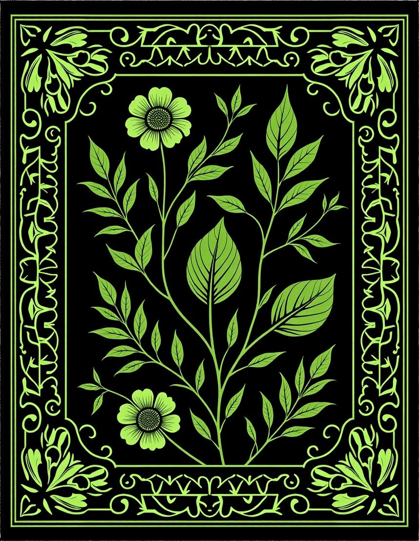 Neon Green Floral Botanical Frame Rug