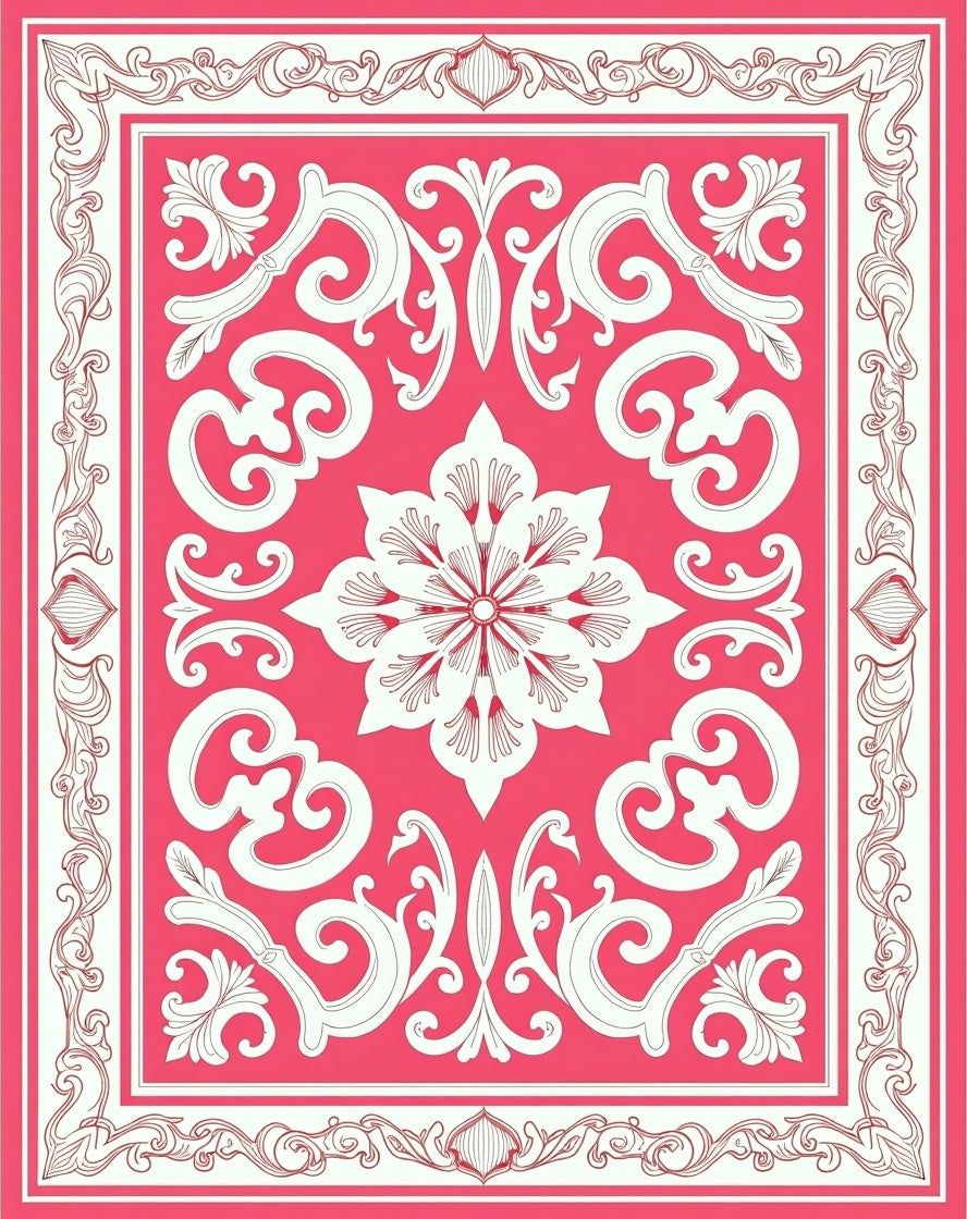 Ornate Floral Symmetry Red and White Rug