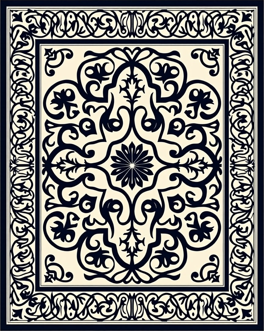 Ornate Black Cream Floral Swirl Rug