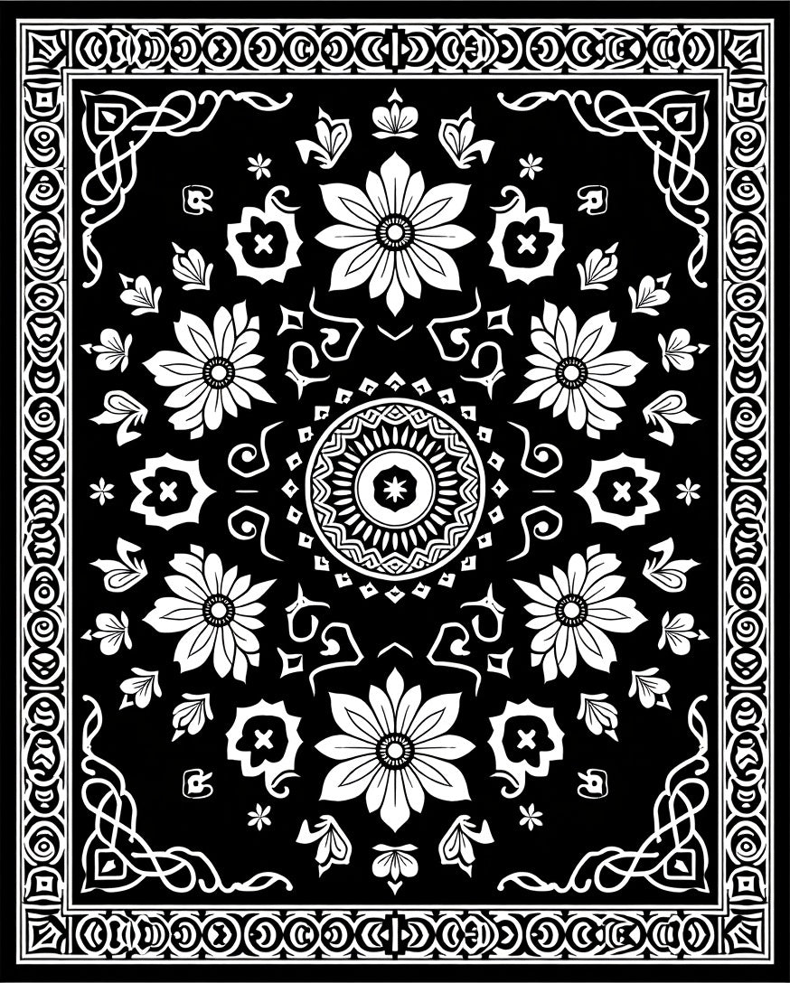 Floral Mandala Patterned Black White Rug