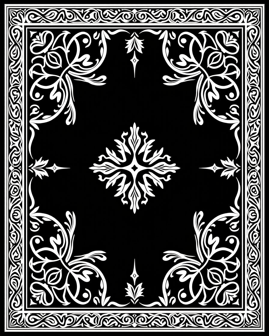 Ornate Black and White Floral Scroll Rug