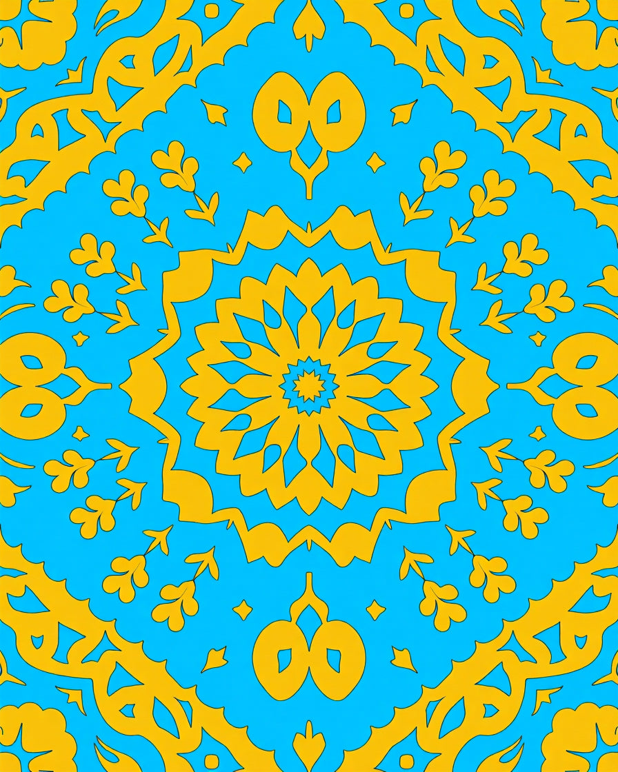Vibrant Blue Yellow Floral Mandala Rug