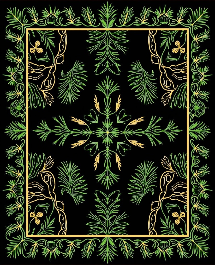 Green Leafy Border With Central Floral Design Rug