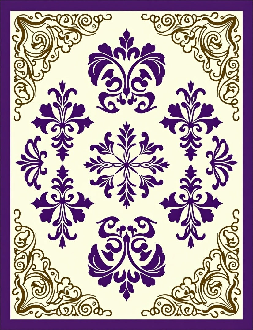 Purple and Gold Ornate Damask Rug