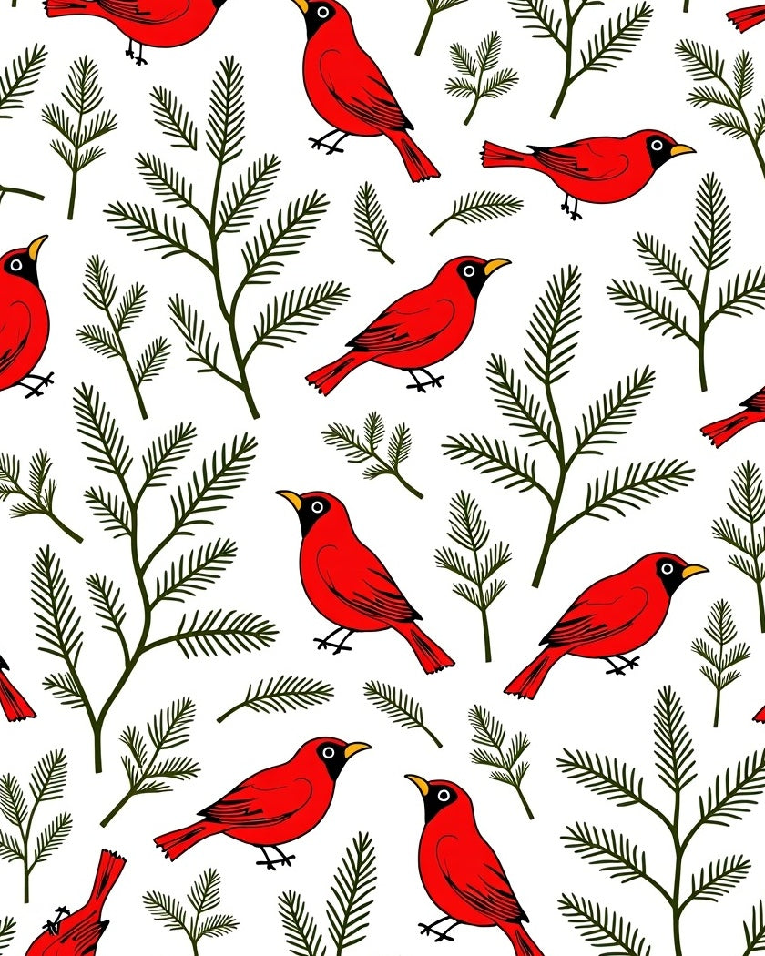 Red Cardinals Green Pine Branches Pattern Rug