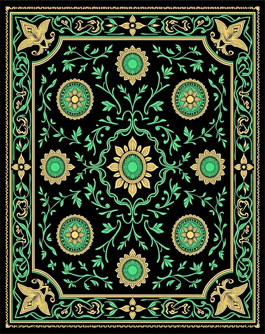 Vivid Black Floral Medallion Vines Rug