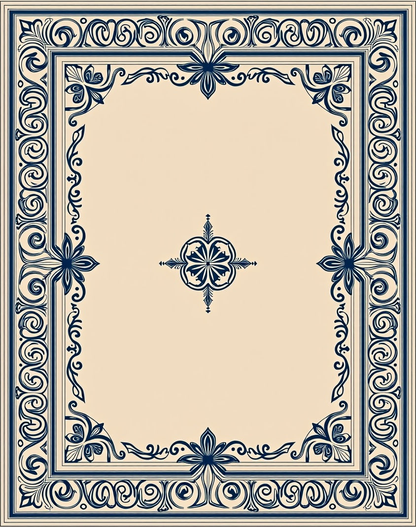 Navy Floral Border Ornate Design Rug