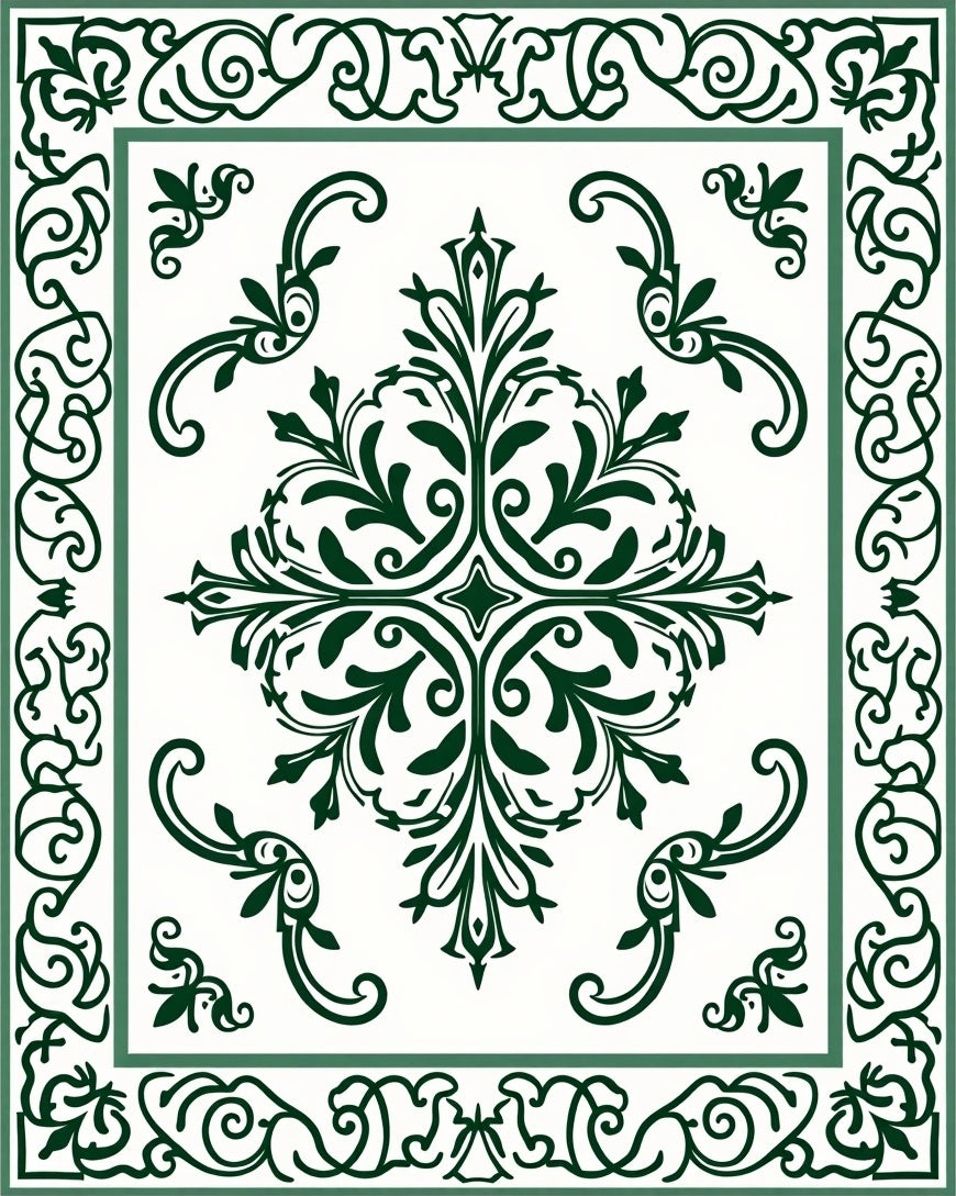 Elegant Green Floral Scroll Pattern Rug