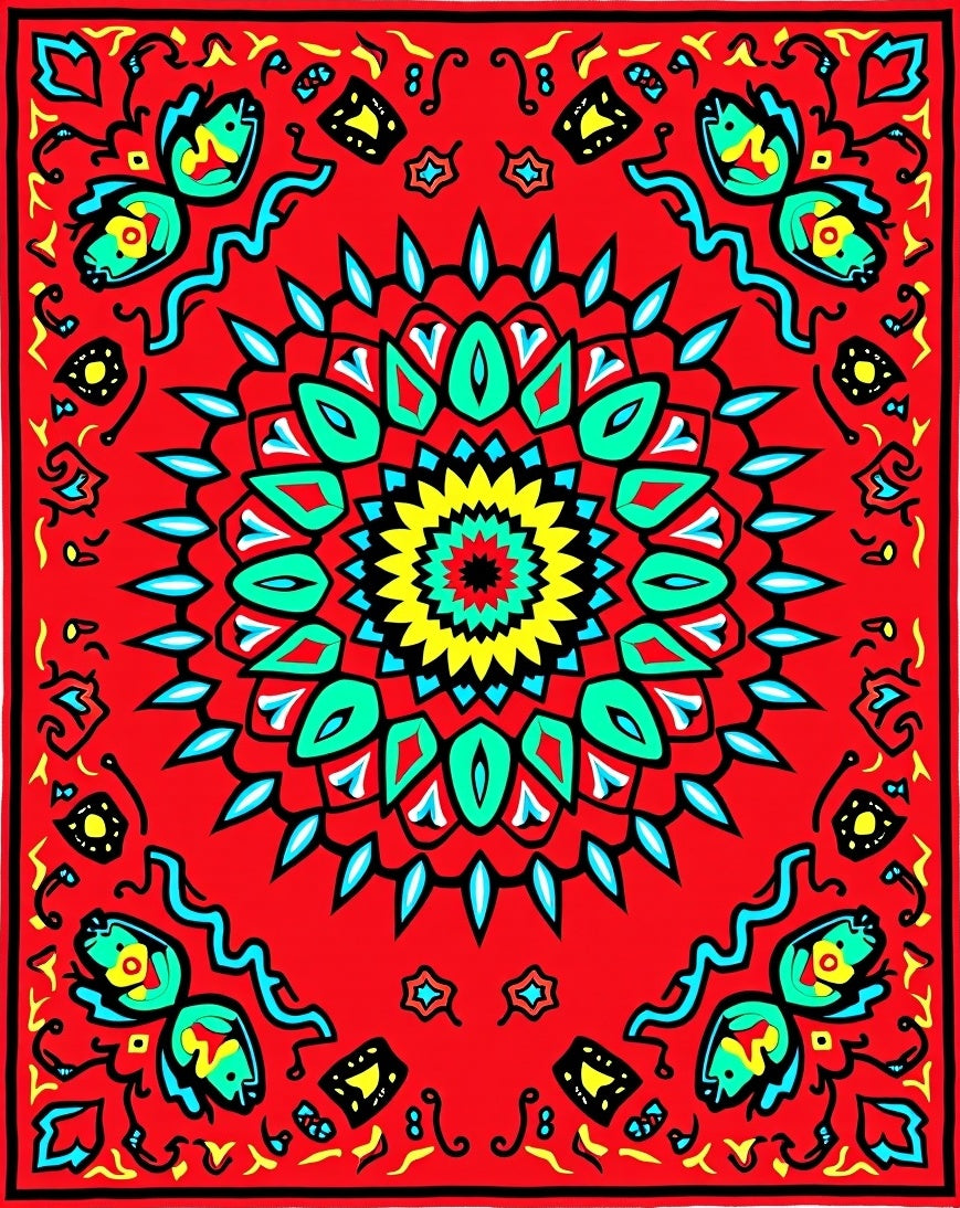 Vibrant Red Floral Mandala Design Rug