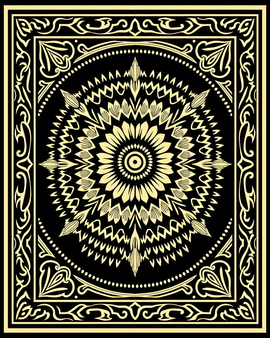Black Gold Floral Mandala Frame Rug