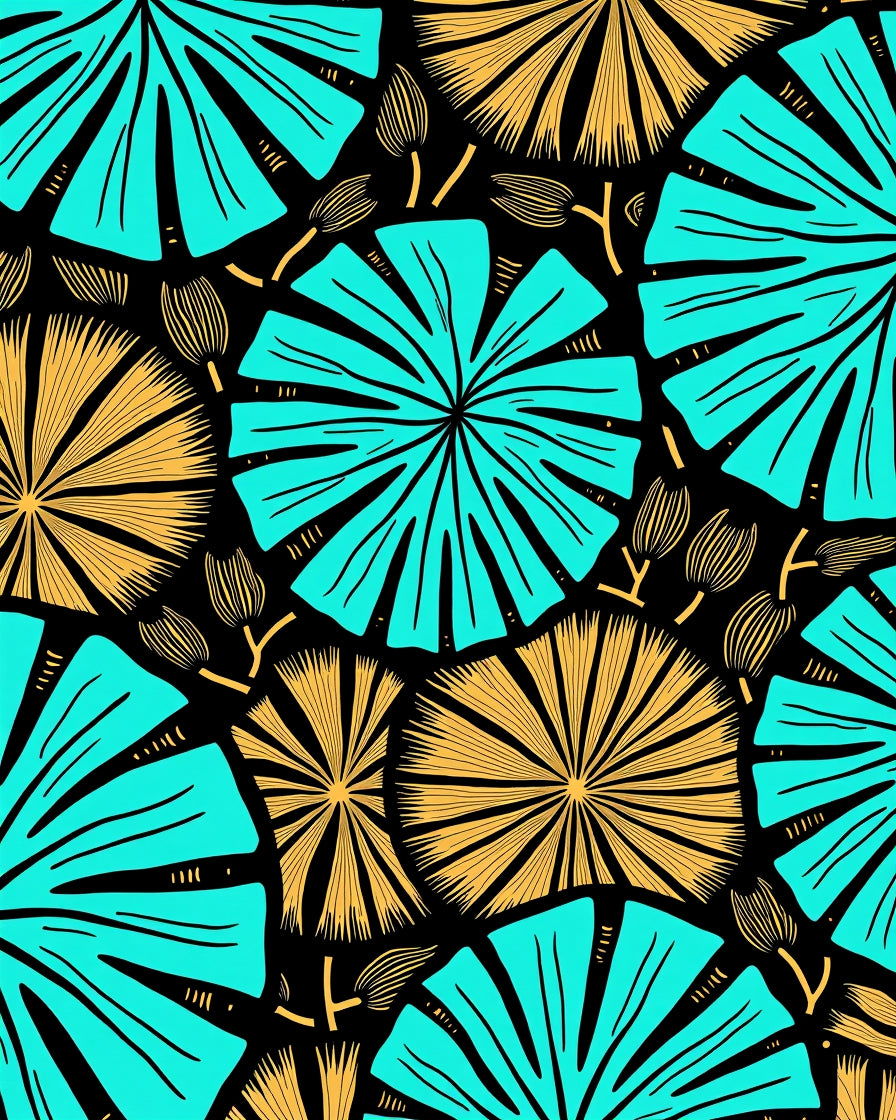 Turquoise Gold Fanburst Botanical Blackground Rug
