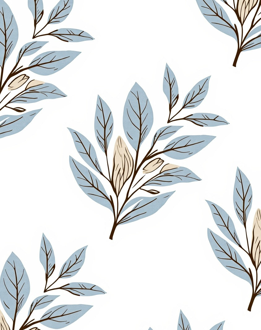 Soft Blue Leafy Branch Pattern Rug