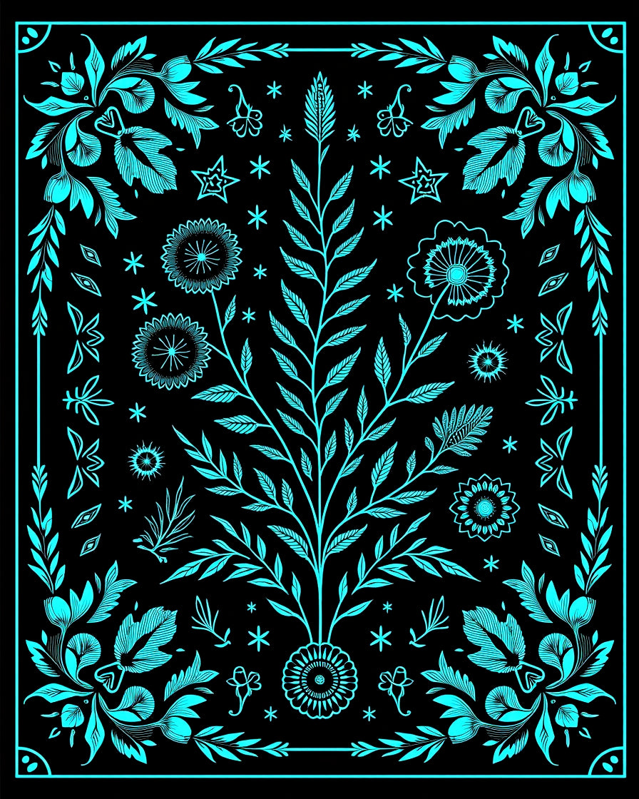 Turquoise Floral Tree Mandala Art Rug