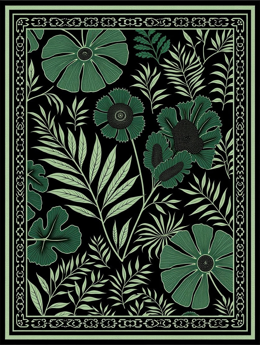 Emerald Green Floral Foliage Border Rug