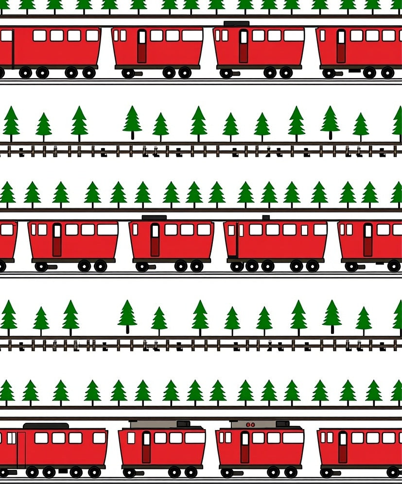 Red Train Tree Track Repeating Pattern Rug