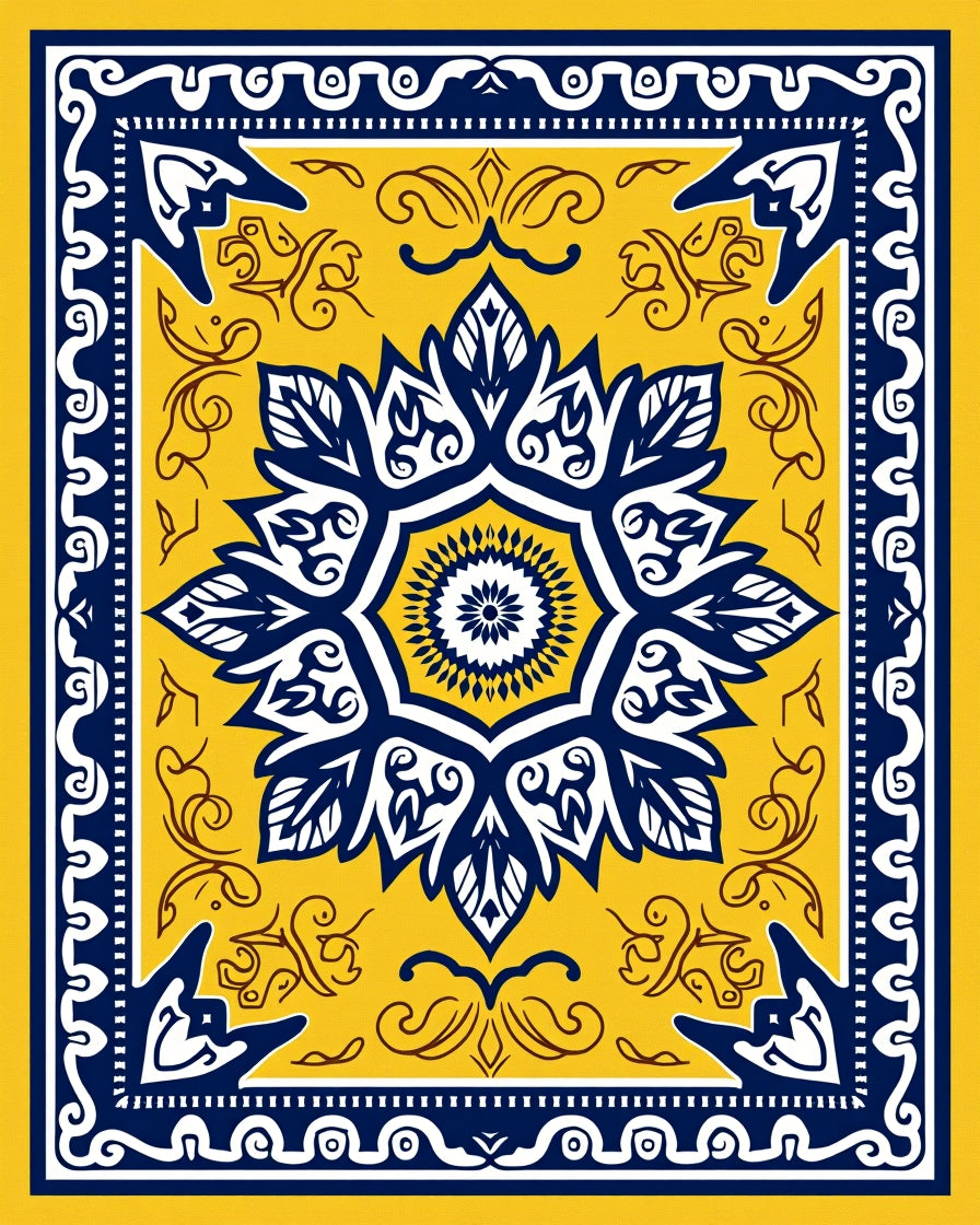 Yellow Blue Floral Medallion Design Rug