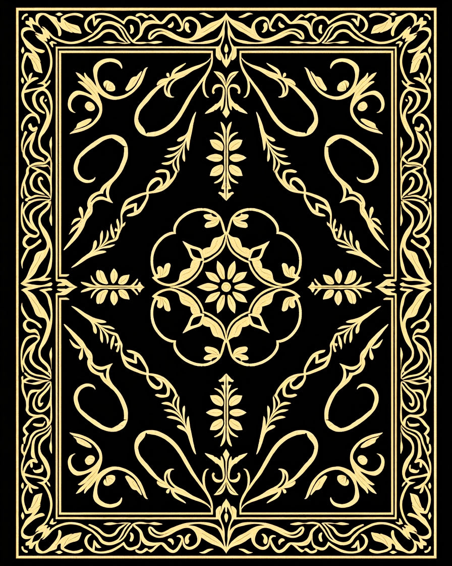 Elegant Black Gold Floral Pattern Rug