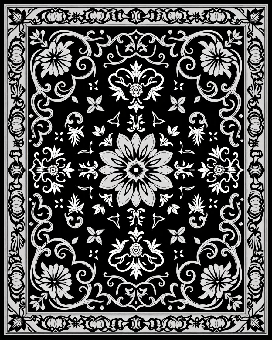 Classic Black White Floral Border Design Rug