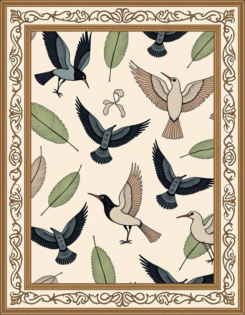 Ornate Bird Leaf Pattern Design Rug