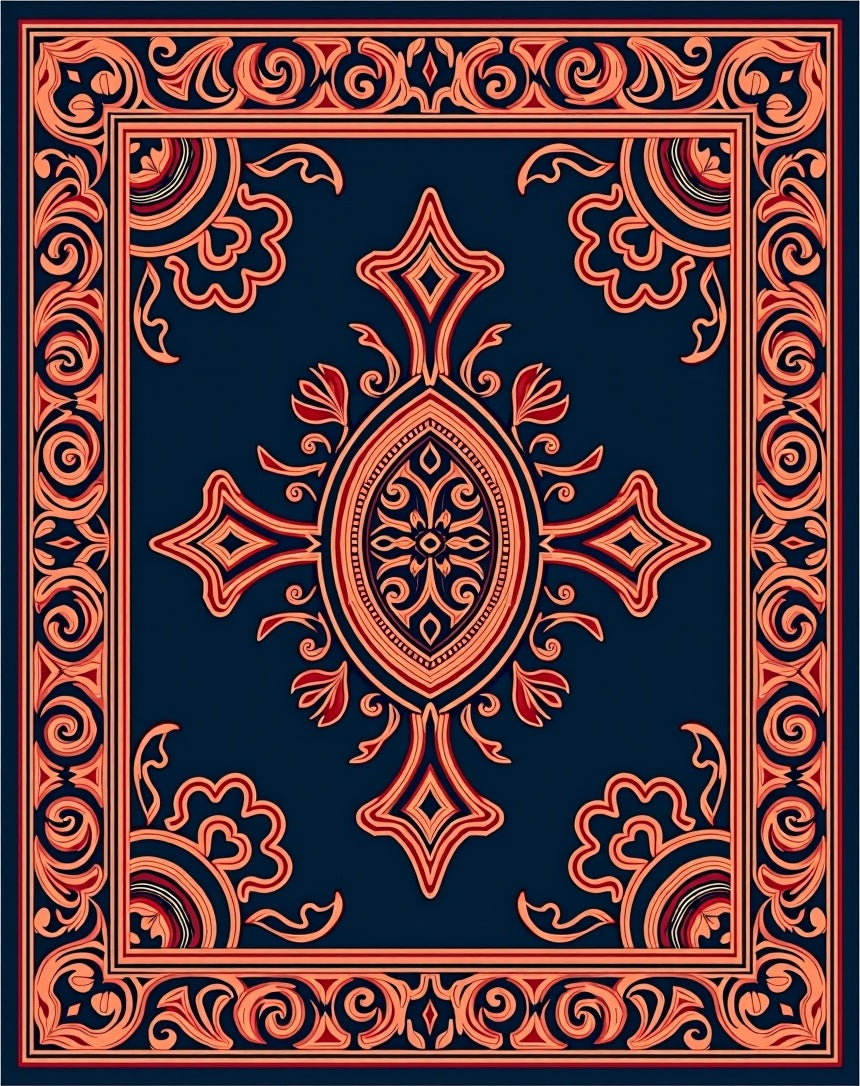 Ornate Red Orange Floral Pattern Rug