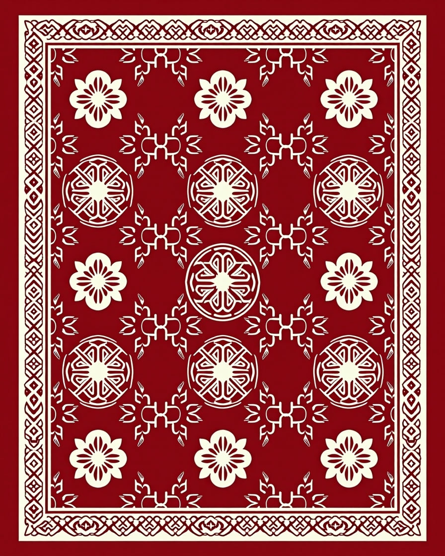 Red Mandala Floral Bordered Rug
