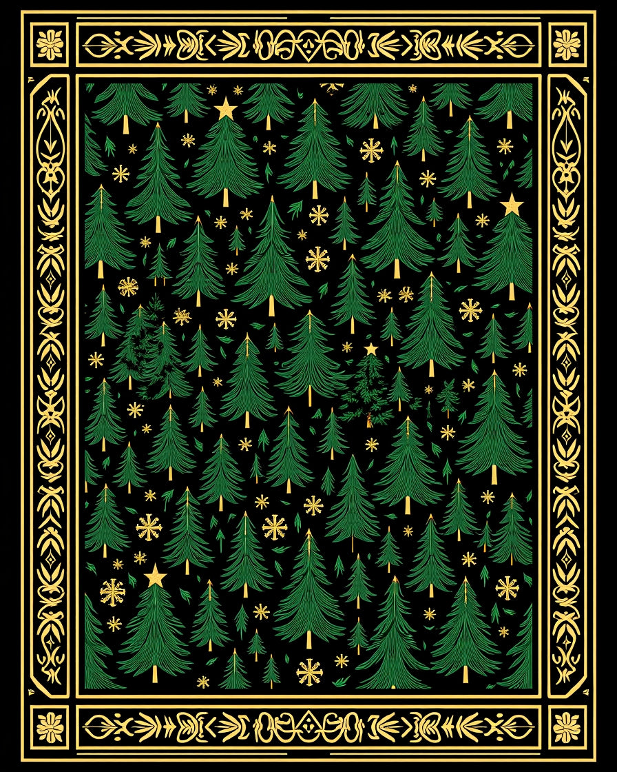 Elegant Green Pine Forest Stars Border Rug
