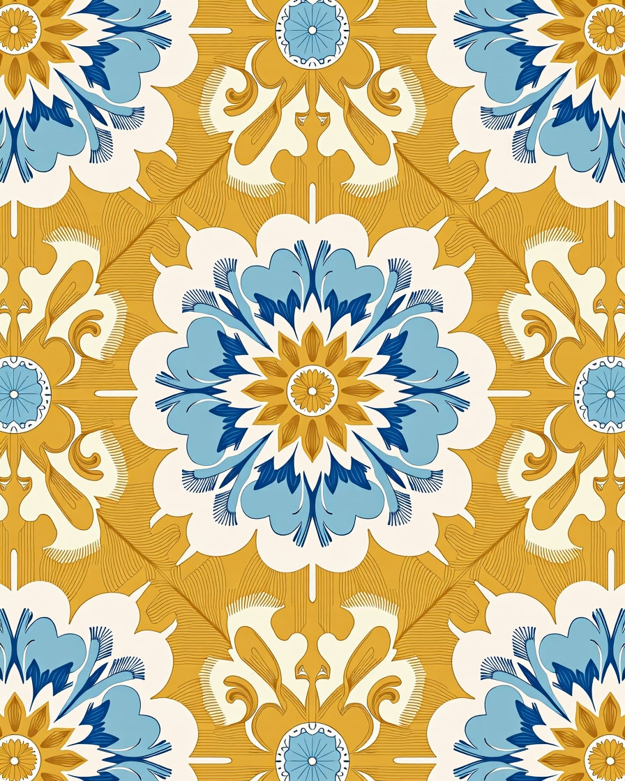 Golden Yellow Blue Floral Medallion Pattern Rug