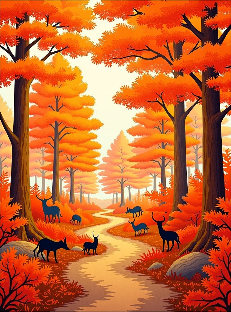 Autumn Forest Path Wildlife Scene Rug