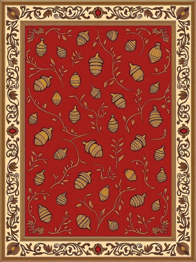 Red Acorn Vine Patterned Print Rug