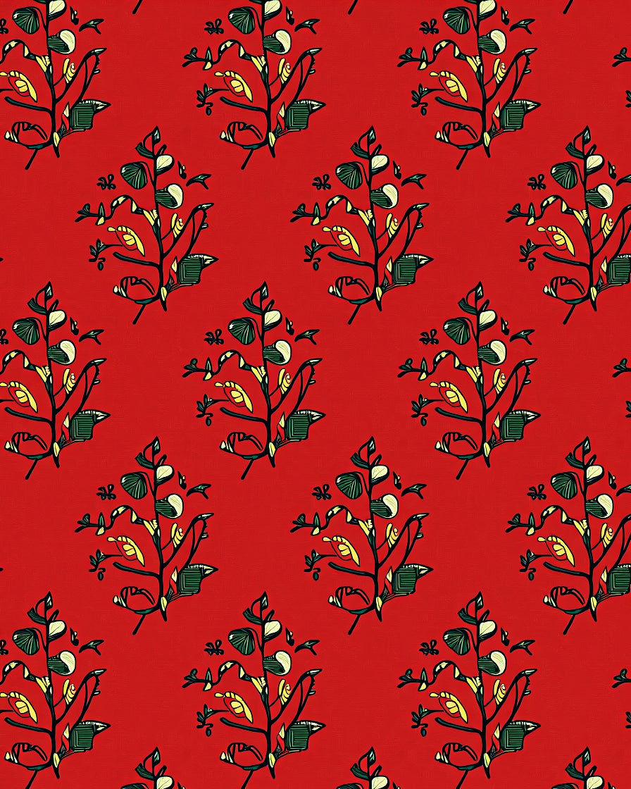 Red Floral Branch Pattern Rug
