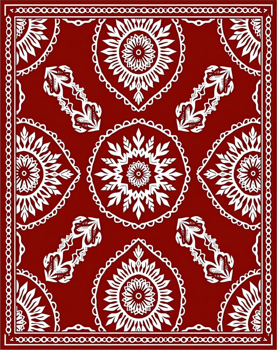 Ornamental Red White Folk Art Rug