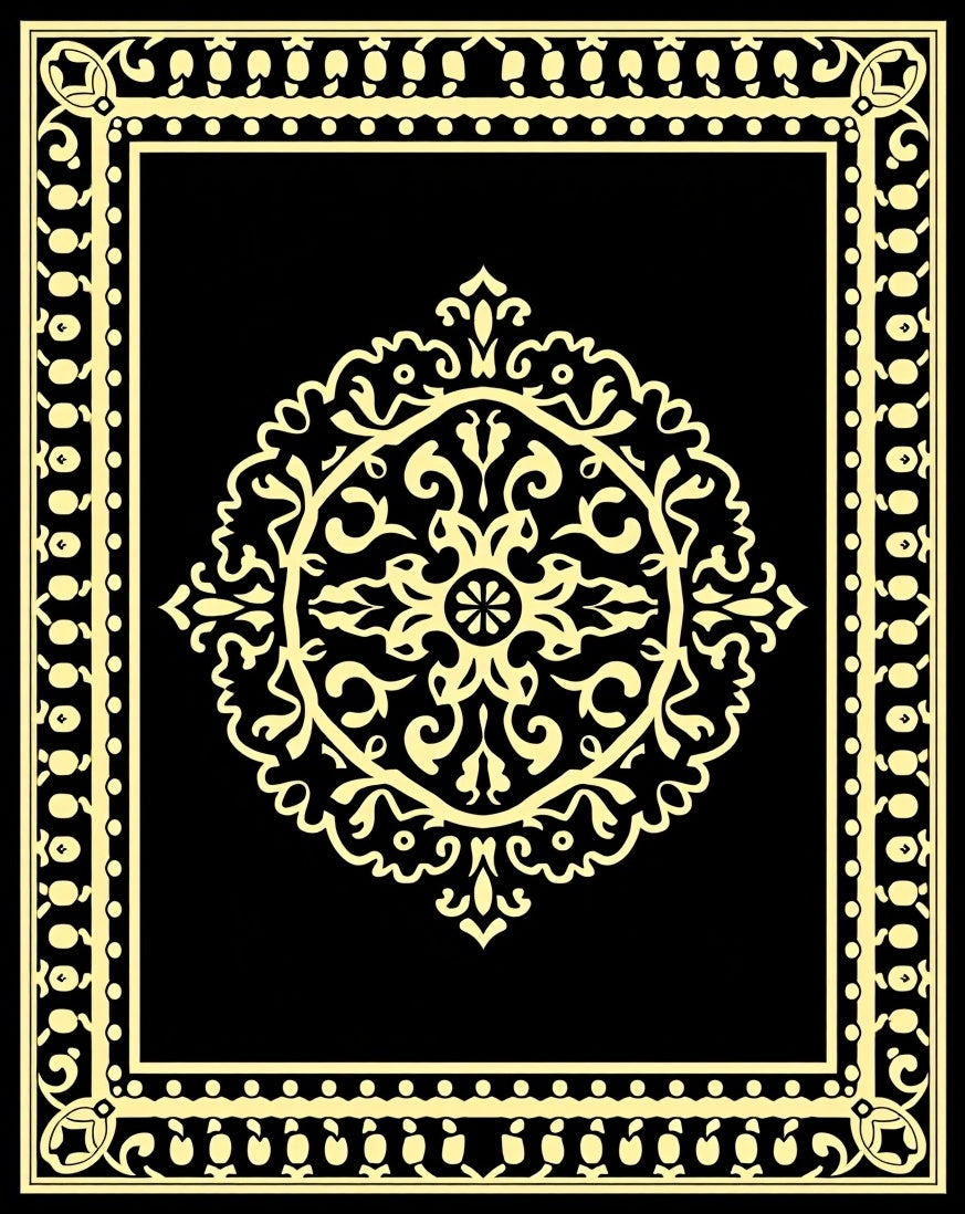 Elegant Black Yellow Ornamental Design Rug