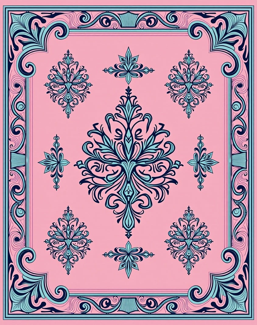 Elegant Pink Blue Floral Scroll Pattern Rug