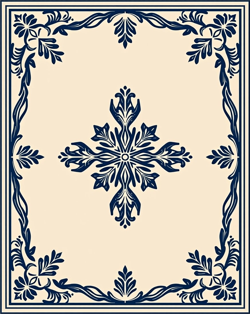 Navy Blue Floral Scrollwork Pattern Rug