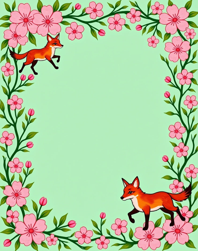 Playful Foxes Pink Blossoms Border Rug