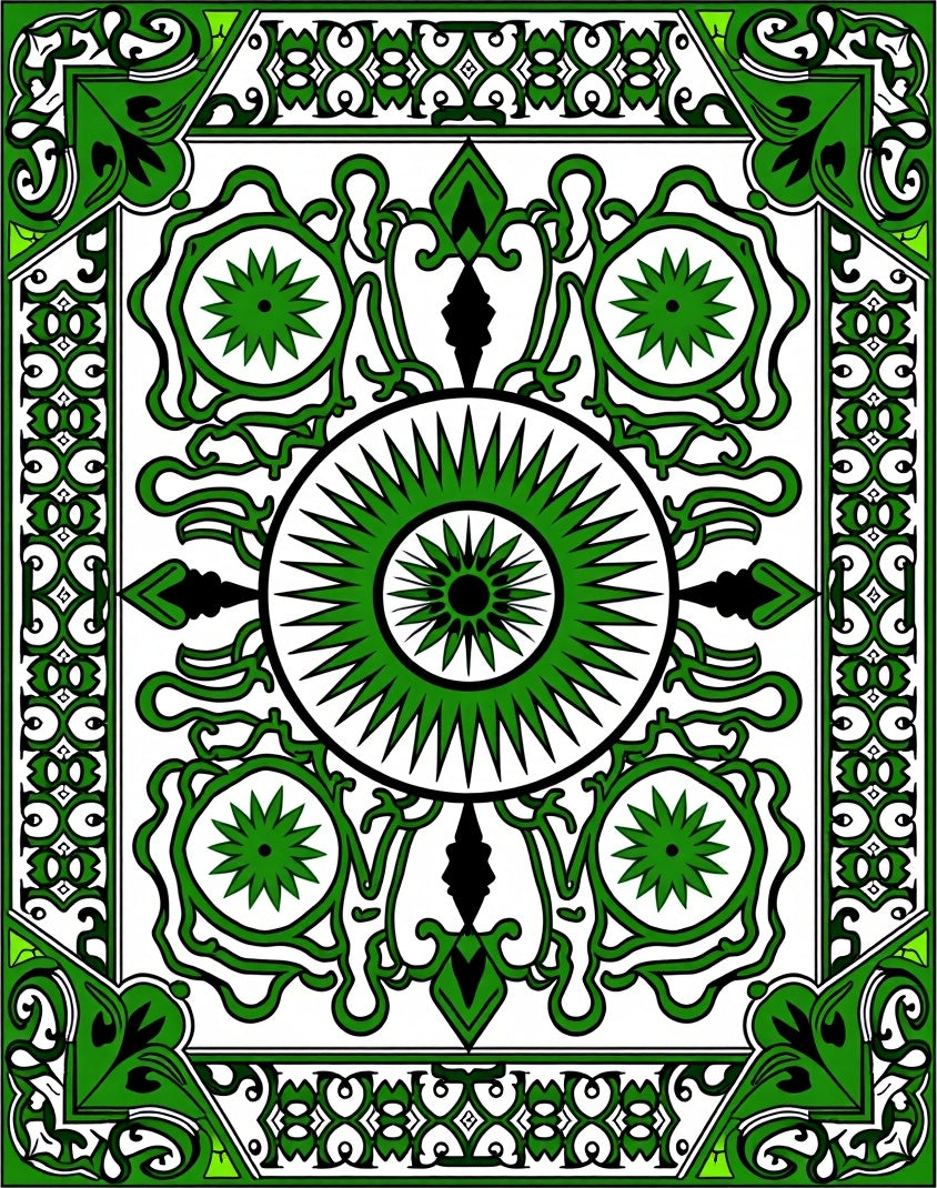 Intricate Green Sunburst Pattern Rug