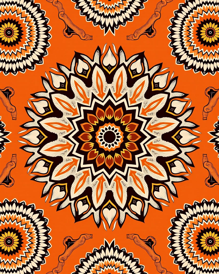 Orange Mandala Style Floral Pattern Rug
