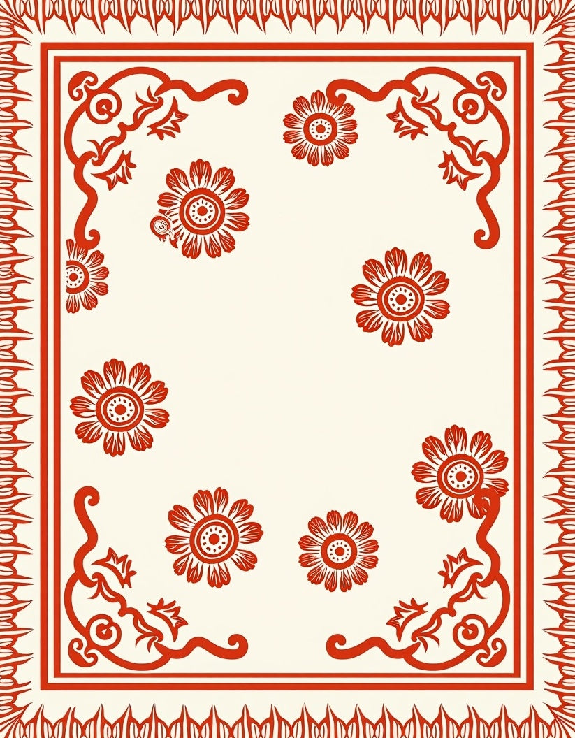 Red Floral Vine Scroll Design Rug