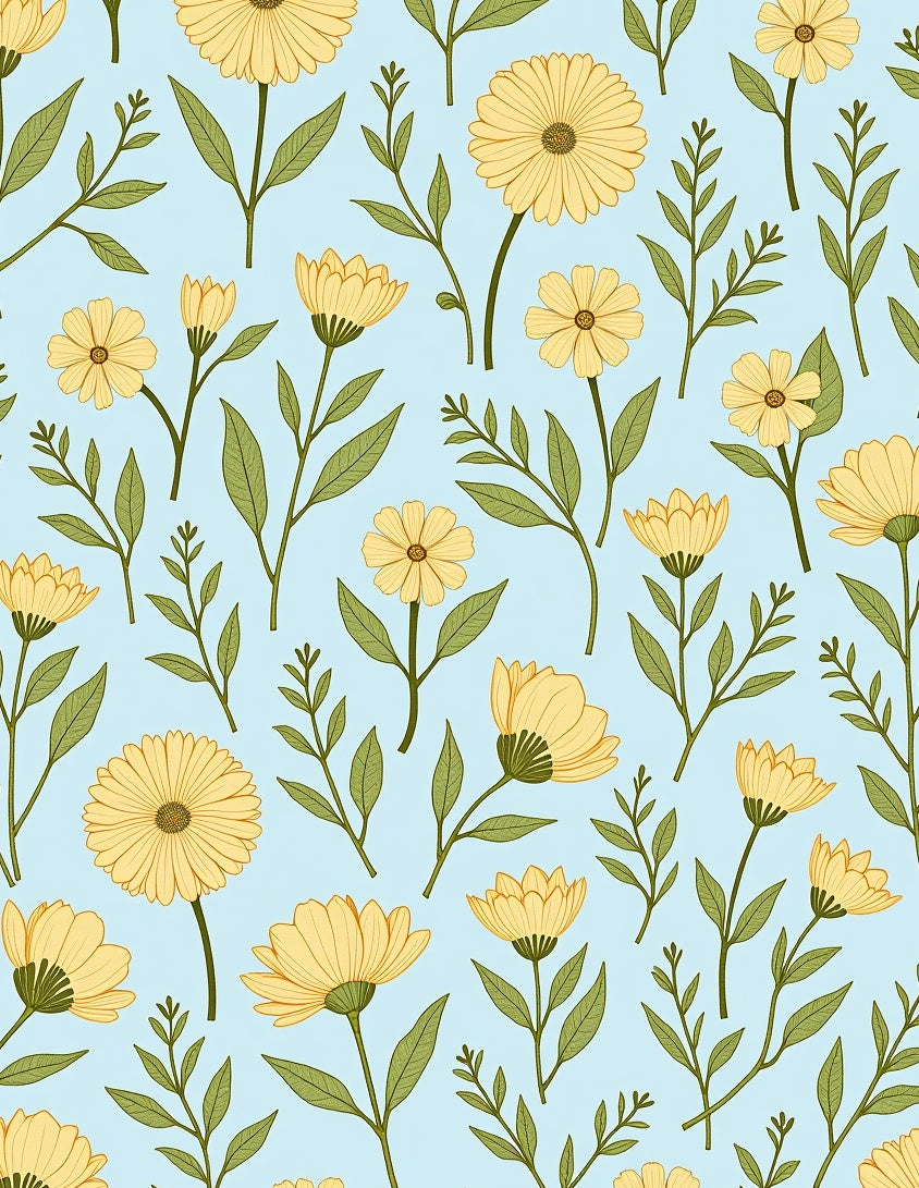 Pale Yellow Floral Botanical Pattern Rug