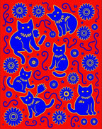 Playful Blue Cat Flower Motif Rug