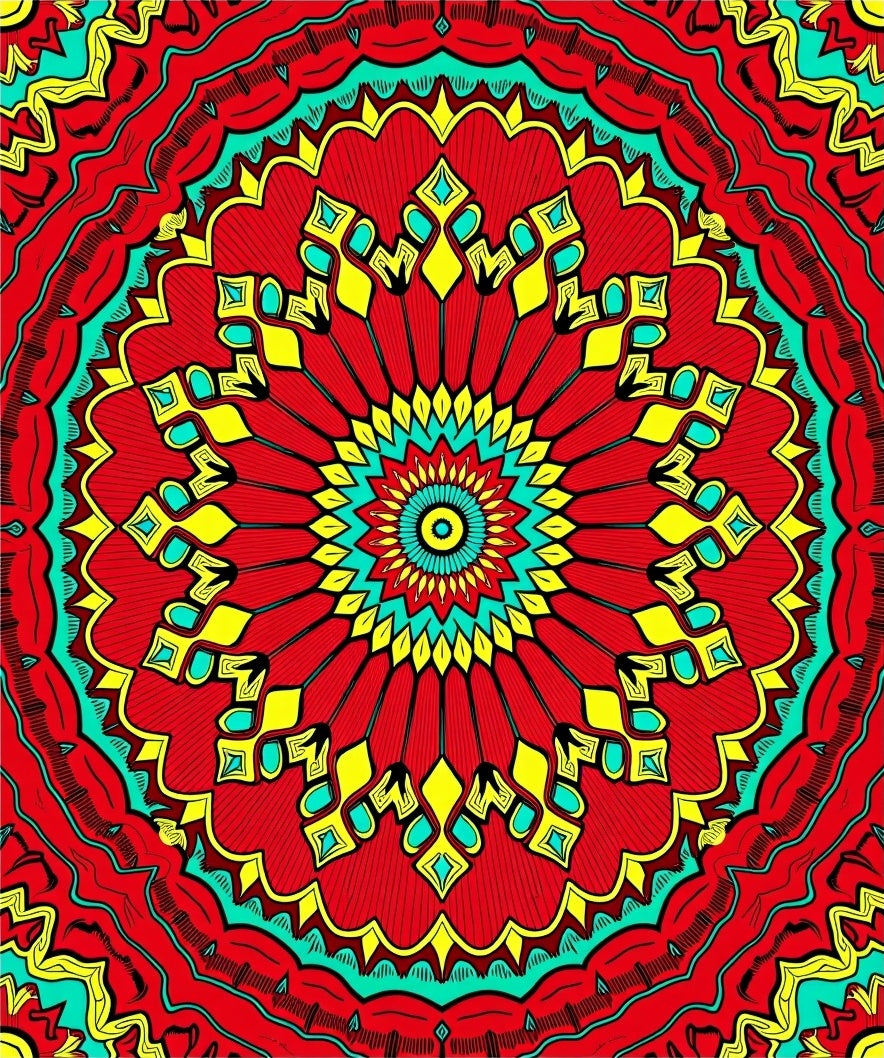 Vibrant Red Yellow Teal Mandala Rug